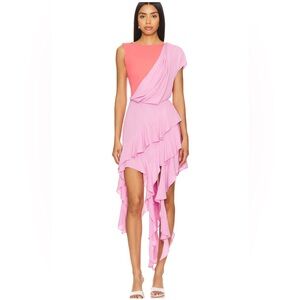 L'Academie Asymmetrical Ruffle Dress in Coral and Light Pink